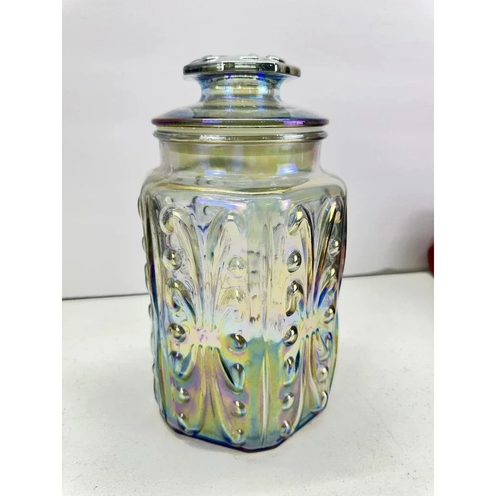 Vintage LE Smith Imperial Atterbury Scroll Canister Jar Iridescent Carnival 9